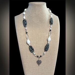Artisan Made snowflake obsidian, milk glass and quartz crystal necklace.